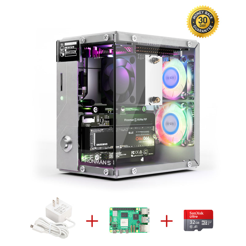 Pironman 5 NVMe M.2 SSD PCIe Mini PC Case for Raspberry Pi 5 Hailo-8L AI accelerator with Tower Cooler+Dual RGB Fans