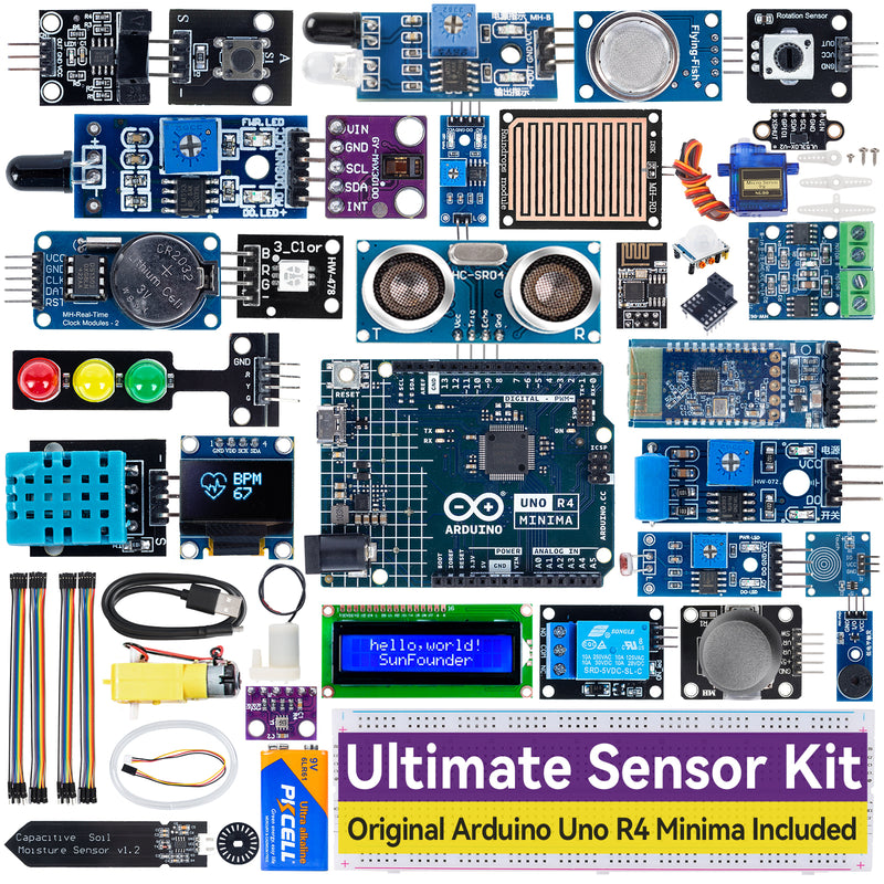 SunFounder Ultimate Sensor Kit with Original Arduino Uno R4 Minima, RoHS Compliant, Durable Sensors IoT ESP8266 IIC LCD1602 OLED, Online Tutorials & Video Courses for Beginners & Engineers