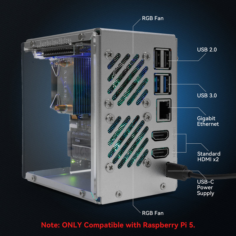 Pironman 5 NVMe M.2 SSD PCIe Mini PC Case for Raspberry Pi 5 Hailo-8L AI accelerator with Tower Cooler+Dual RGB Fans - SunFounder