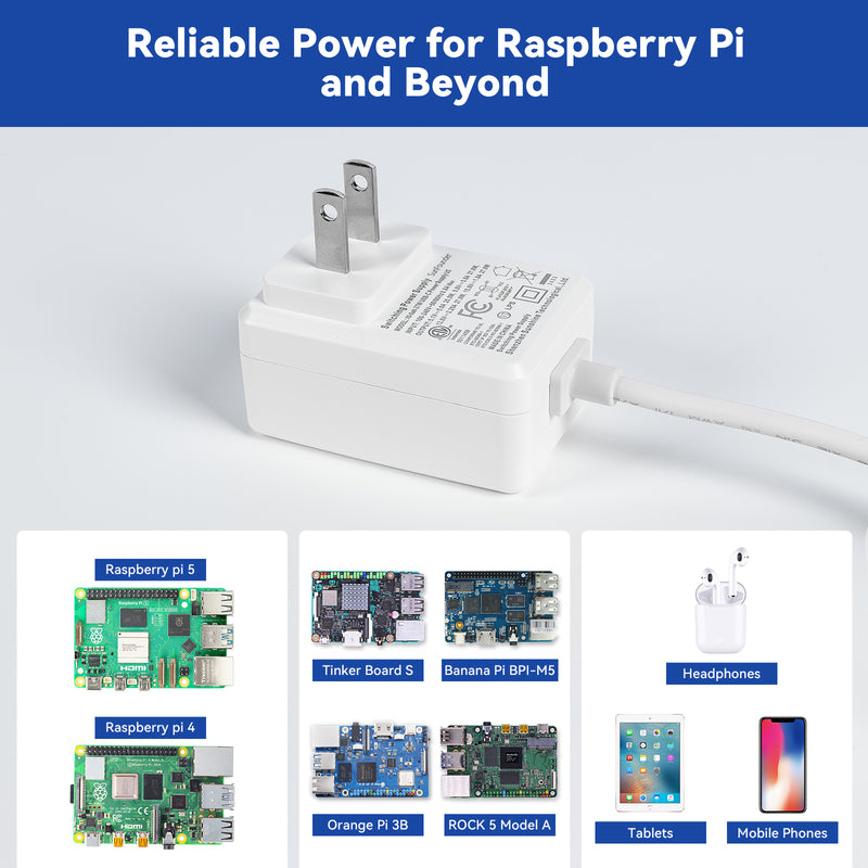 SunFounder 27W PD Power Supply for Raspberry Pi 5, 5.1V 5A GaN 1.2m 3.6ft USB-C Changer Adapter for Raspberry Pi 5 8G/4G/2G/Raspberry Pi 4/Pironman 5 (ETL Listed) - SunFounder