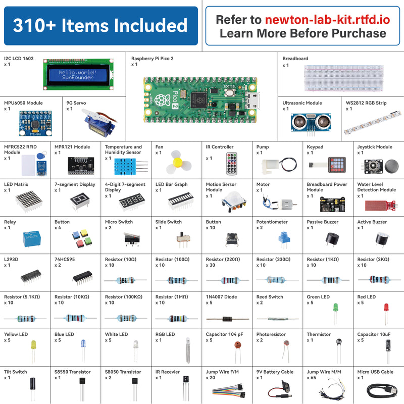 SunFounder Raspberry Pi Pico 2 Newton Lab Starter Kit, RP2350 Dual-Core 150MHz 520KB RAM 4MB Flash Microcontroller, MicroPython, Arduino C/C++, Online Tutorials