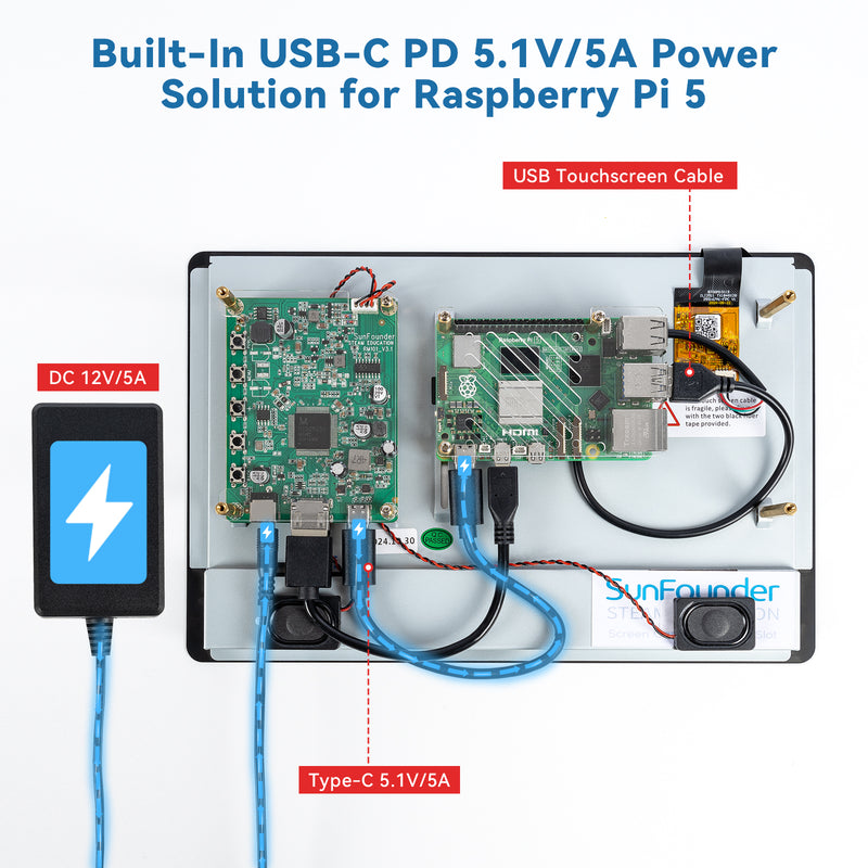 SunFounder Latest 10 Inch DIY Touch Screen All-In-One Solution for Raspberry Pi 5, IPS HD 1280x800 LCD, Built-In USB-C PD 5.1V/5A Output, HDMI, 10-point, No Driver, Speakers, for RPi 5/4/3/Zero 2W - SunFounder