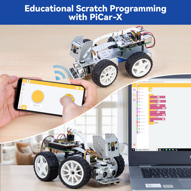 SunFounder Picar-X Video Robot Car Kit for Raspberry Pi 5/4/3B+/3B, Python/Blockly (Scratch), Video Courses, Rechargeable Batterry (Raspberry Pi NOT Included)